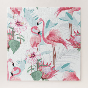 Roze Flamingo: Exotische bloemen naadloos. Legpuzzel