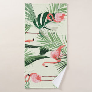 Roze Flamingo Exotische Bloemen Patroon Badhanddoek