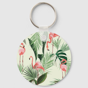 Roze Flamingo Exotische Bloemen Patroon Sleutelhanger