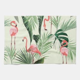 Roze Flamingo Exotische Bloemen Patroon Theedoek