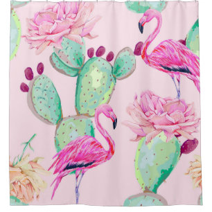 Roze flamingo, exotische vogels, zachte bloemen, r douchegordijn