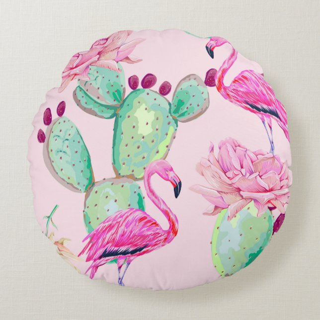 Roze flamingo, exotische vogels, zachte bloemen, r rond kussen (Voorkant)