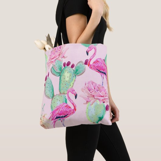 Roze flamingo, exotische vogels, zachte bloemen, r tote bag (Dichtbij)