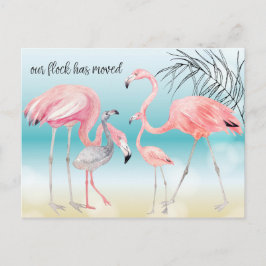 Roze Flamingo Familie op Bokeh Strand Nieuw Adres Aankondigingskaart