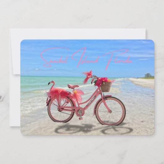 Roze Flamingo Fiets op het Strand van Sanibel Isla Kaart (Voorkant)