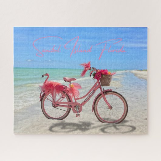Roze Flamingo Fiets op het Strand van Sanibel Isla Legpuzzel (Horizontaal)