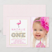 Roze Flamingo First Birthday Kaart (Voorkant / Achterkant)