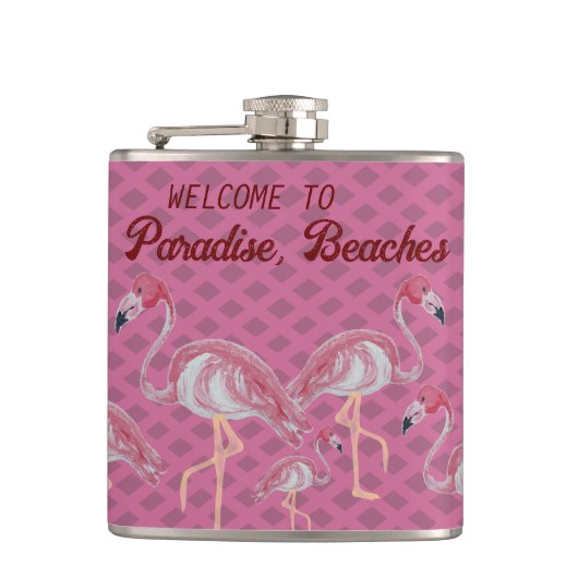 Roze flamingo Flamingos Paradise Beach Heupfles (Voorkant)