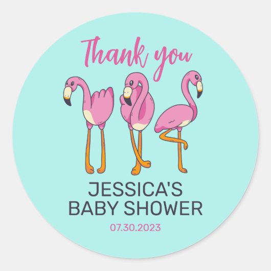 Roze Flamingo Flock Turquoise Blue Baby shower Ronde Sticker (Voorkant)