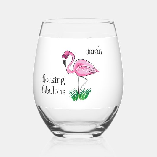 Roze Flamingo Flocking Fabulous Roze Bril Naam Wijnglas Zonder Voet (Voorkant)