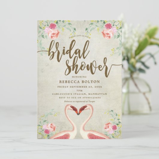 roze flamingo floral bridal doucheuitnodiging kaart (Staand voorkant)