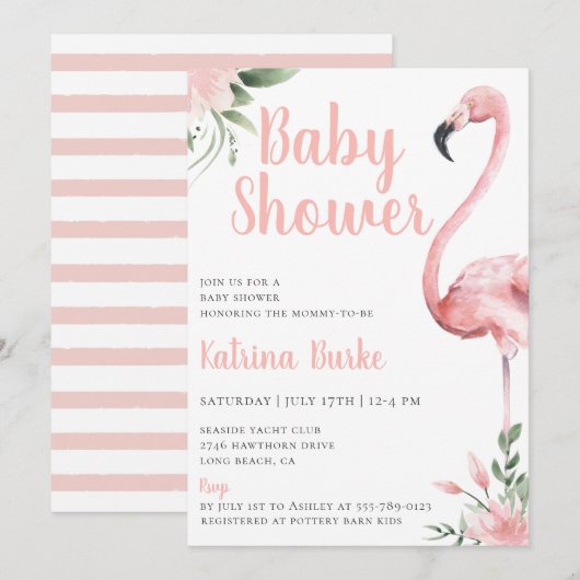 Roze Flamingo Floral Tropical Theme Baby shower Kaart (Voorkant / Achterkant)