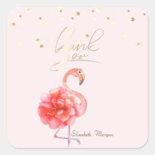 Roze Flamingo Flower, Gold Confetti Bedankt Vierkante Sticker