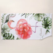 Roze Flamingo Flower, Gold Confetti Palm Leaf Strandlaken (Voorkant)