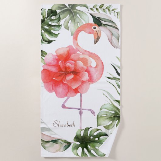 Roze Flamingo Flower, Gold Confetti Palm Leaf Strandlaken (Voorkant)