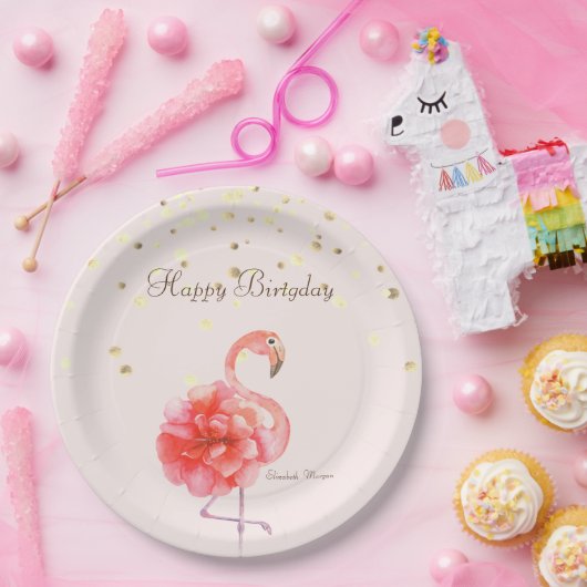 Roze Flamingo Flower, Gold Confetti Papieren Bordje (Feest)