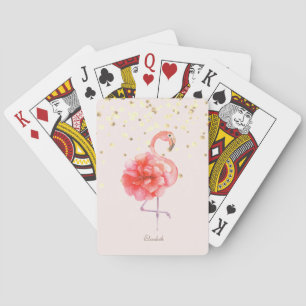 Roze Flamingo Flower, Gold Confetti Pokerkaarten