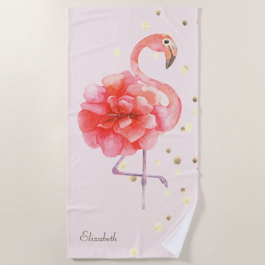 Roze Flamingo Flower, Gold Confetti Strandlaken (Voorkant)