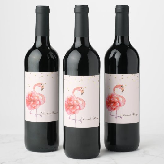 Roze Flamingo Flower, Gold Confetti Wijn Etiket (Flessen)