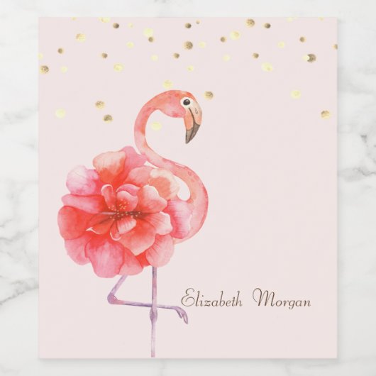 Roze Flamingo Flower, Gold Confetti Wijn Etiket (Enkel label)