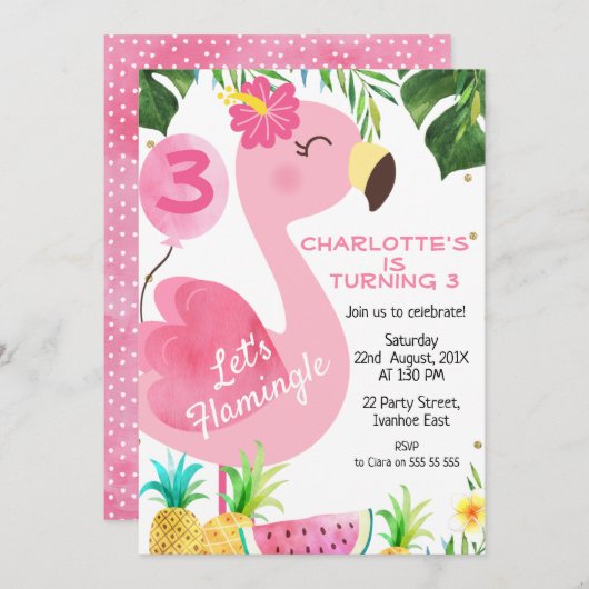 Roze Flamingo Foliage Flamingle Birthday Kaart (Voorkant / Achterkant)