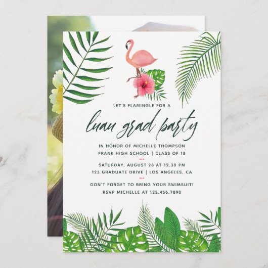 Roze Flamingo Foto Waterverf Luau Afstuderen Aankondiging (Voorkant / Achterkant)