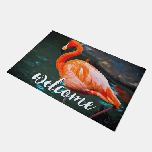 Roze Flamingo Foto Welkom Script Schattige Kleurri Deurmat (Schuin)