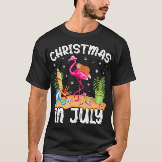 Roze Flamingo Funny Sloth Kerstmis in juli T-shirt (Voorkant)