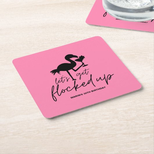 Roze Flamingo Geflockte Tropische Verjaardag Kartonnen Onderzetters (Schuin)