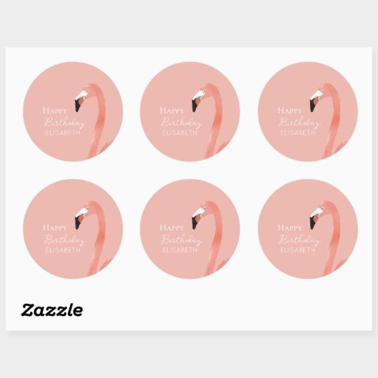 Roze Flamingo Gelukkige Verjaardag Gepersonaliseer Ronde Sticker (Vel)