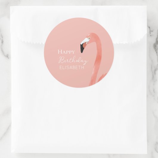 Roze Flamingo Gelukkige Verjaardag Gepersonaliseer Ronde Sticker (Tas)