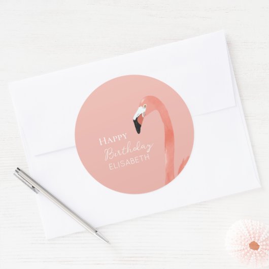 Roze Flamingo Gelukkige Verjaardag Gepersonaliseer Ronde Sticker (Envelop)