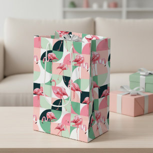 Roze Flamingo Geometrisch Patroon Medium Cadeauzakje
