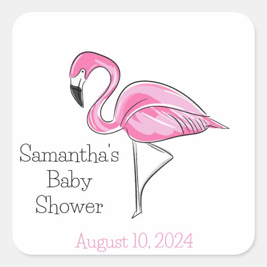 Roze Flamingo gepersonaliseerd Baby shower Vierkante Sticker (Voorkant)