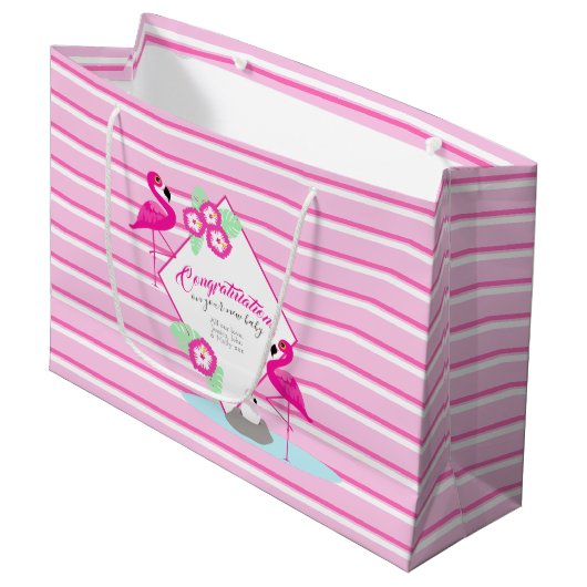 Roze flamingo gepersonaliseerde baby showers gesch groot cadeauzakje (Voorkant Gekanteld)