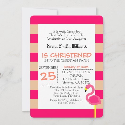Roze flamingo gepersonaliseerde doop uitnodiging (Voorkant)