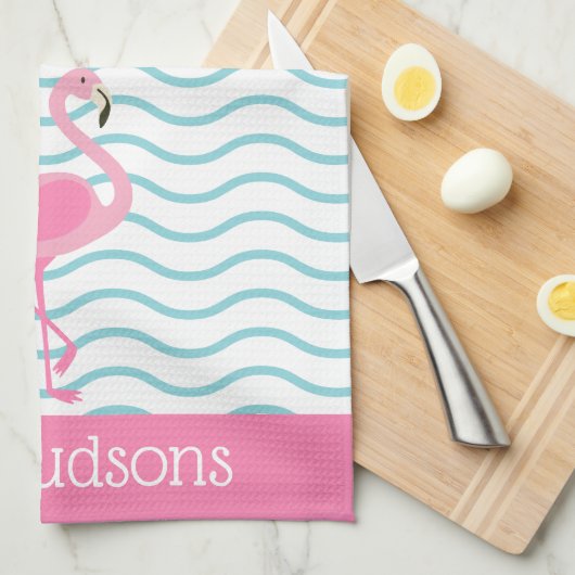 Roze Flamingo gepersonaliseerde keukenhanddoek (Quarter Fold)