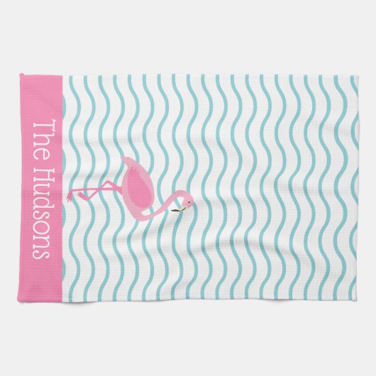 Roze Flamingo gepersonaliseerde keukenhanddoek (Horizontaal)