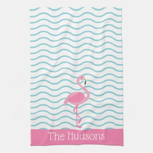 Roze Flamingo gepersonaliseerde keukenhanddoek (Verticaal)