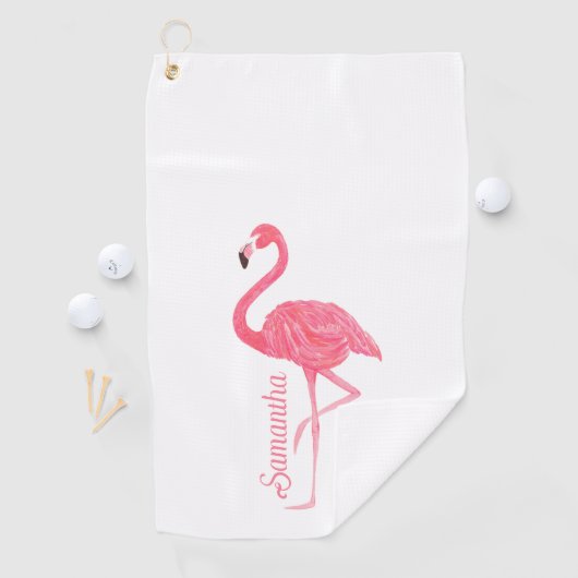 Roze flamingo gepersonaliseerde naam golfhanddoek (Insitu)