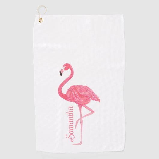 Roze flamingo gepersonaliseerde naam golfhanddoek (Voorkant)