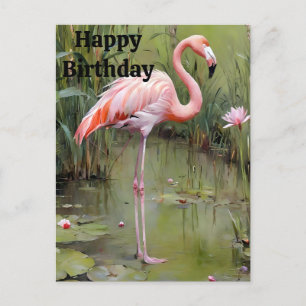 Roze Flamingo Geschilderd In Vijver, Verjaardagska Briefkaart