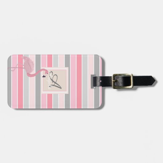 Roze flamingo, gestreepte monogram-Gepersonaliseer Bagagelabel (Voorkant horizontaal)