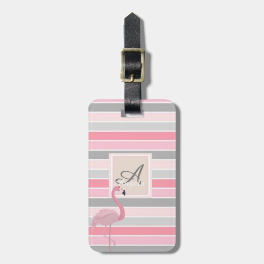 Roze flamingo, gestreepte monogram-Gepersonaliseer Bagagelabel (Voorkant verticaal)