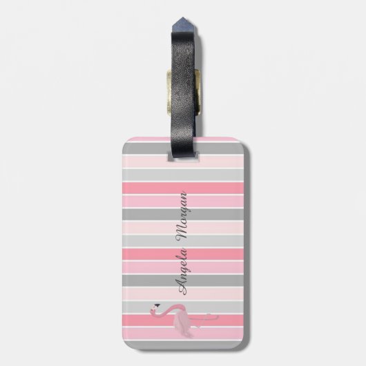 Roze flamingo, gestreepte monogram-Gepersonaliseer Bagagelabel (Achterkant verticaal)