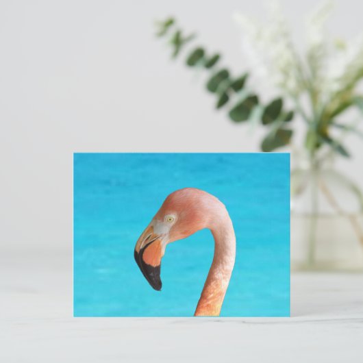Roze flamingo gezicht tegen blauw water op feestdagenkaart (Staand voorkant)