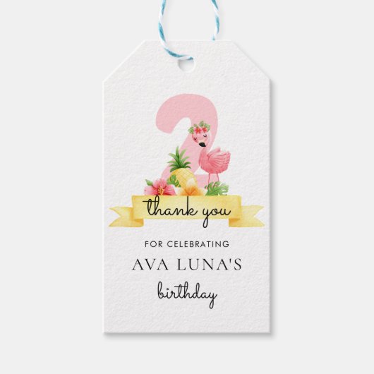 Roze Flamingo Girl 2n Birthday Dank u Labels Cadeaulabel (Voorkant)