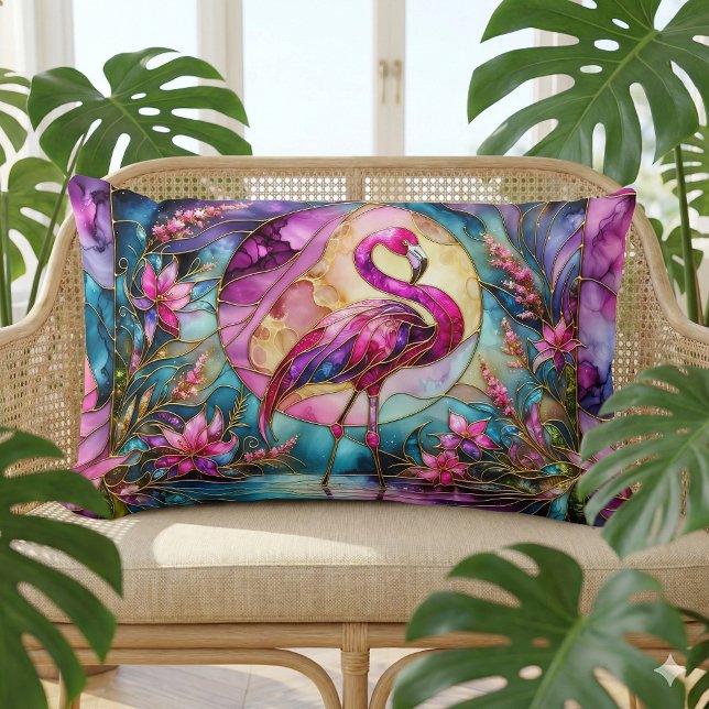 Roze Flamingo Glas-in-Lood Mozaïek Kussen (Pink Flamingo Stained Glass Mosaic Lumbar Pillow Mockup A)