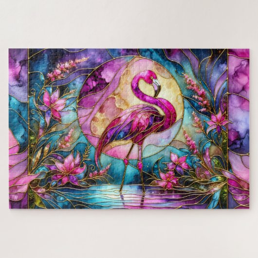 Roze Flamingo Glas-in-Lood Mozaïek Legpuzzel (Horizontaal)