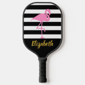 Roze Flamingo Gold Script Name Black White Stripes Pickleball Paddle (Voorkant)